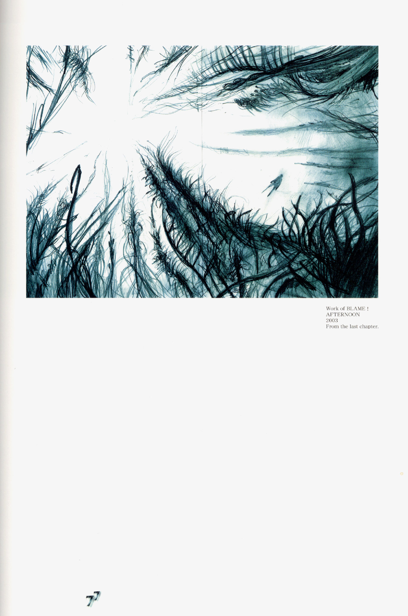nihei tsutomu, blame!, blame and so on, gender request, highres, androgynous, falling, full body, monochrome, plant, seaweed, silhouette, solo, text focus, underwater, water, white background
