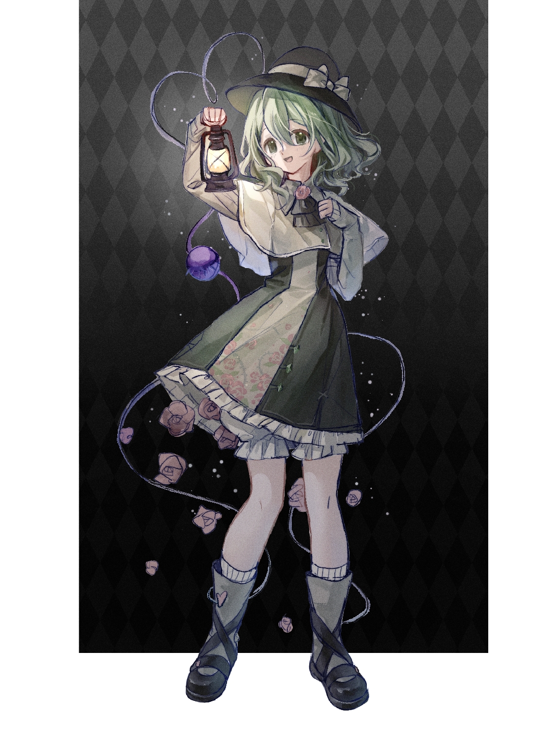80isiiii, komeiji koishi, touhou, highres, second-party source, 1girl, :d, adapted costume, argyle background, black hat, bloomers, boots, bow, capelet, dress, flower, full body, green boots, green dress, green eyes, green hair, hat, hat bow, hat ribbon, holding, holding lantern, lantern, long sleeves, looking at viewer, medium hair, open mouth, pink flower, pink rose, ribbon, rose, smile, socks, solo, third eye, underwear, white bloomers, white socks, yellow bow, yellow capelet, yellow dress, yellow ribbon