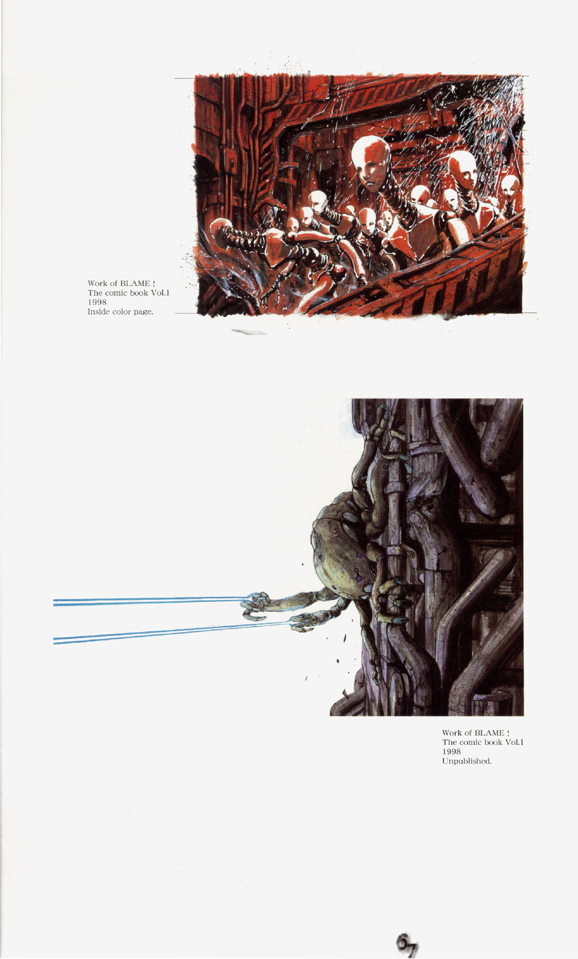 nihei tsutomu, blame!, blame and so on, highres, humanoid robot, indoors, industrial pipe, machinery, no humans, non-humanoid robot, red theme, robot, sparkle, upper body