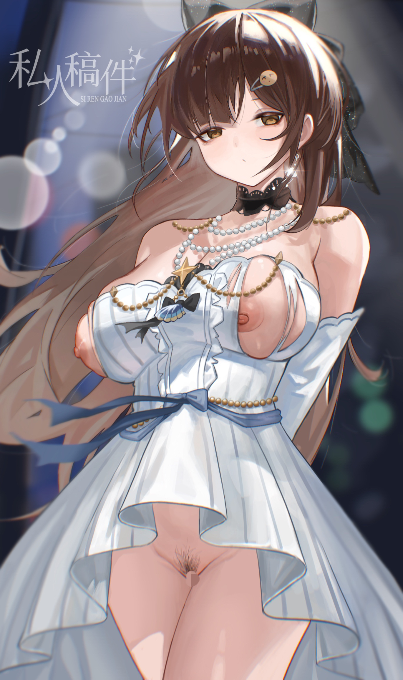 kirihara aki, nanami (virtuareal), highres, 1girl, bare shoulders, black bow, blue ribbon, bow, breasts, brown eyes, brown hair, censored, chinese text, detached sleeves, dress, jewelry, large breasts, looking at viewer, mosaic censoring, necklace, nipples, no bra, no panties, pussy, ribbon, simplified chinese text, torn clothes, virtual youtuber, white dress