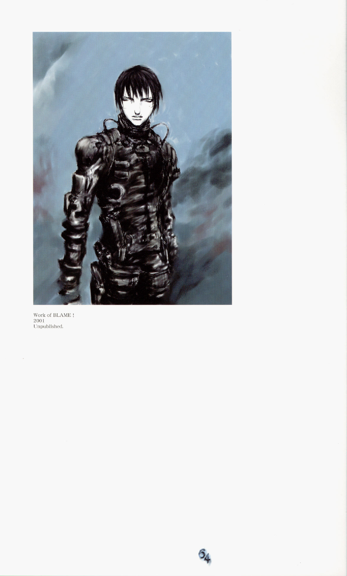 nihei tsutomu, killy, blame!, blame and so on, highres, 1boy, armor, black bodysuit, black hair, bodysuit, clenched teeth, looking at viewer, male focus, parted lips, solo, standing, teeth, wire