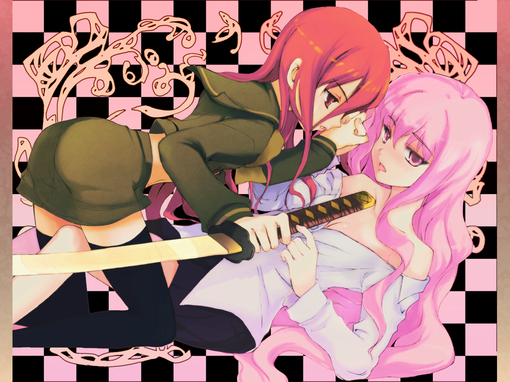 hino kunugi, kugimiya rie, louise francoise le blanc de la valliere, shana, shakugan no shana, zero no tsukaima, 00s, pink eyes, pink hair, red eyes, red hair, sword, thighhighs, voice actor connection, weapon