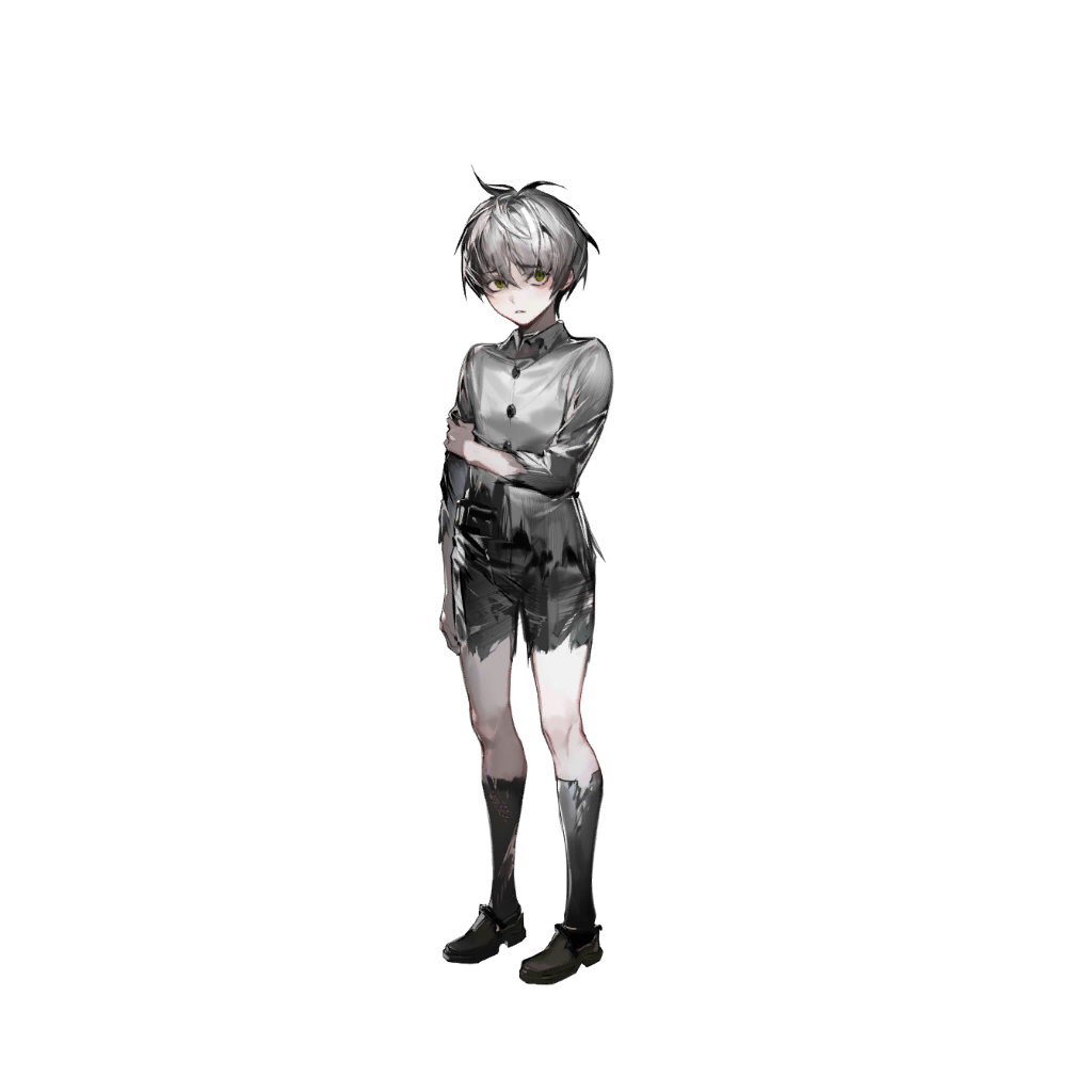 mephisto (arknights), arknights, artist request, official art, third-party source, 1boy, arm at side, belt, black shoes, black shorts, buttons, green eyes, grey hair, grey shirt, holding own arm, kneehighs, long sleeves, messy hair, sad, shirt, shoes, short hair, shorts, socks, tachi-e, torn clothes, torn shirt, torn shorts, transparent background