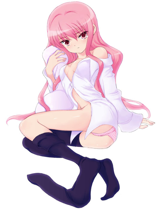 hino kunugi, louise francoise le blanc de la valliere, zero no tsukaima, 00s, 1girl, black thighhighs, blouse, breasts, female focus, long hair, no bra, panties, pink eyes, pink hair, pink panties, shirt, solo, tears, thighhighs, underwear, undressing, white background