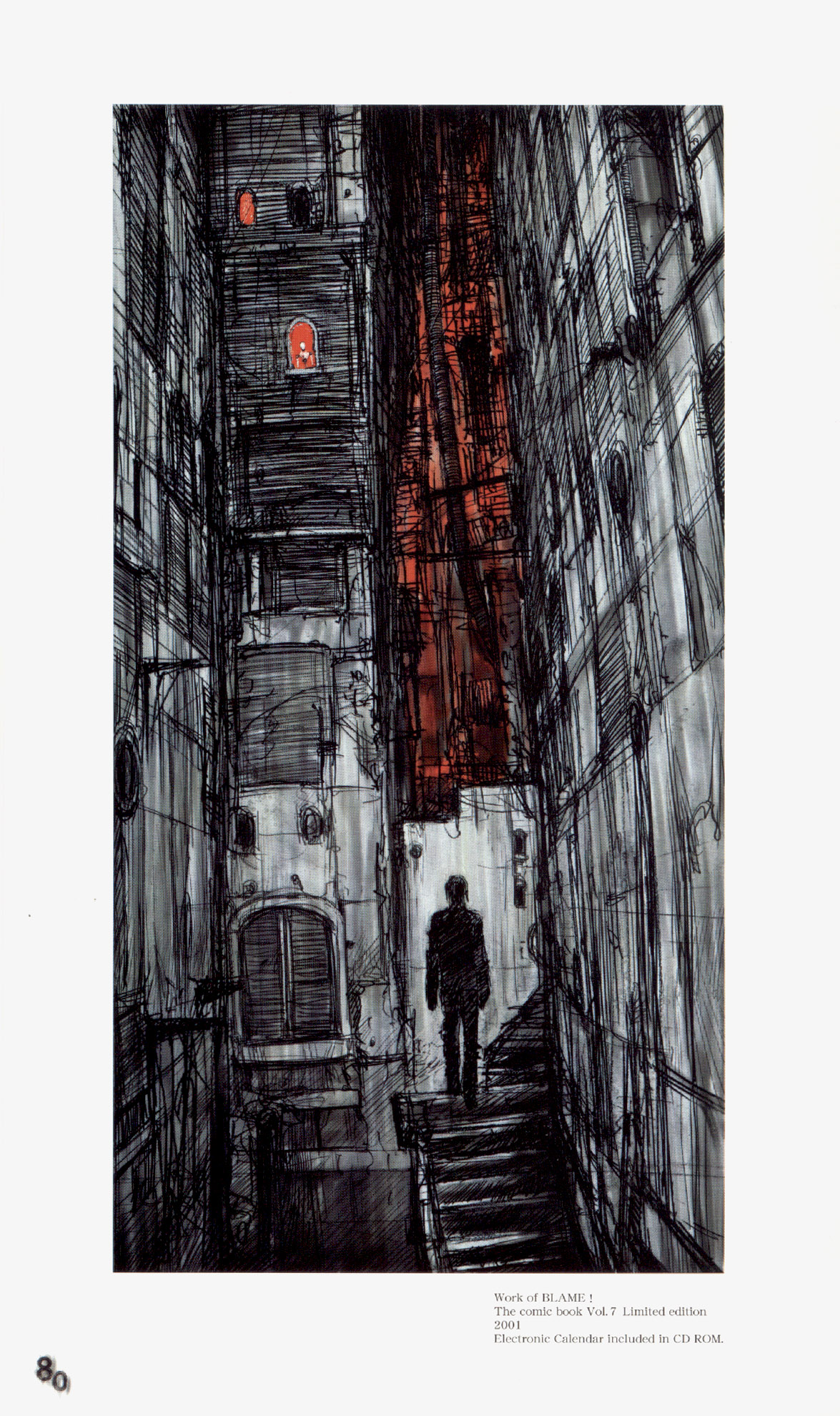 nihei tsutomu, blame!, blame and so on, highres, 1boy, building, full body, industrial pipe, machinery, male focus, megastructure, monster, outdoors, science fiction, silhouette, standing, window