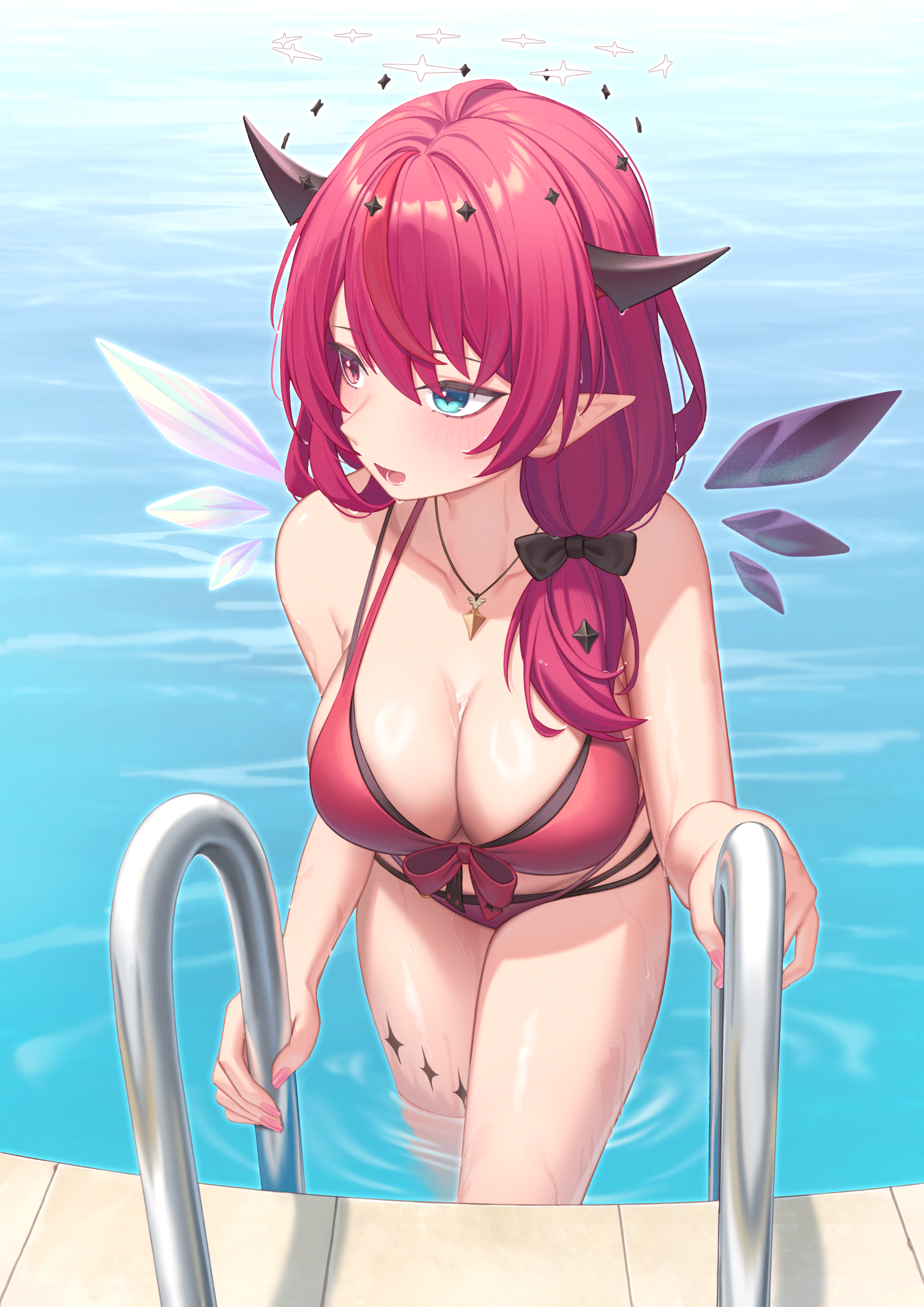 resu desu, irys (hololive), irys (holonatsu paradise) (hololive), hololive, hololive english, holonatsu paradise, absurdres, commentary, highres, 1girl, asymmetrical wings, bikini, black bow, black horns, blue eyes, bow, breasts, cleavage, crystal wings, double halo, front-tie bikini top, front-tie top, hair between eyes, hair bow, hair over shoulder, halo, halterneck, heterochromia, horns, jewelry, large breasts, layered bikini, long hair, looking to the side, low ponytail, mismatched wings, necklace, open mouth, pendant, pointy ears, ponytail, pool, purple eyes, purple hair, red bikini, red hair, solo, star halo, string bikini, swimsuit, virtual youtuber, wading, wet, wings