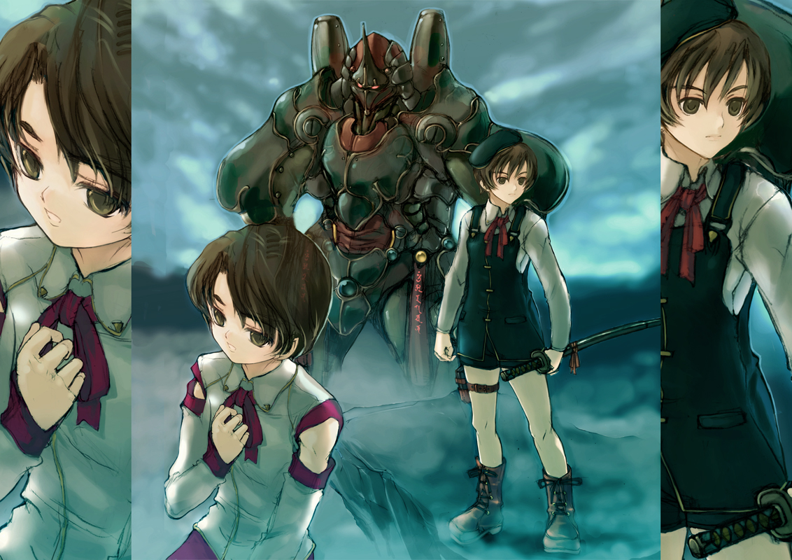 hino kunugi, gender request, androgynous, brown eyes, brown hair, mecha, robot, sword, weapon