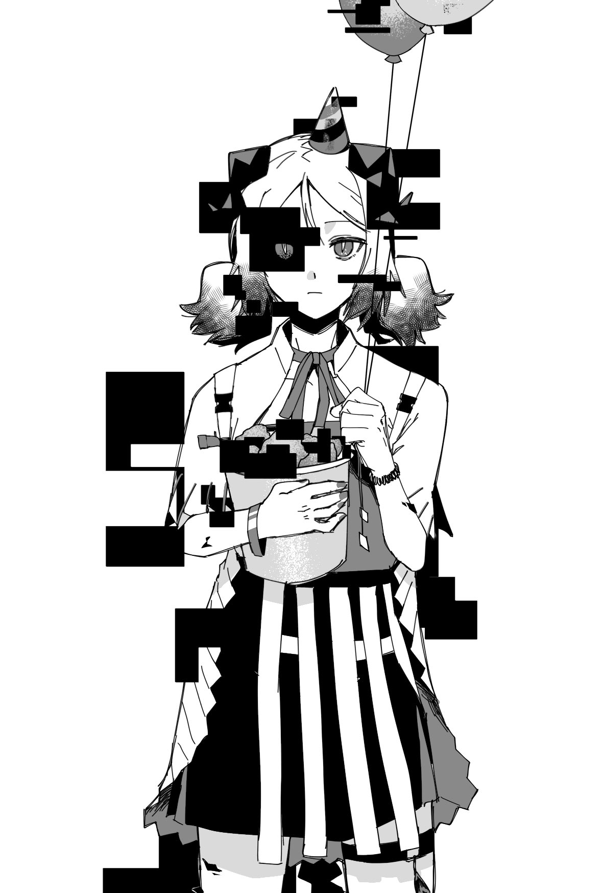 screen9775, ifrit (arknights), ifrit (children's party) (arknights), arknights, highres, 1girl, balloon, closed mouth, glitch, hat, holding, holding balloon, horns, monochrome, official alternate costume, party hat, short hair, short twintails, solo, standing, twintails