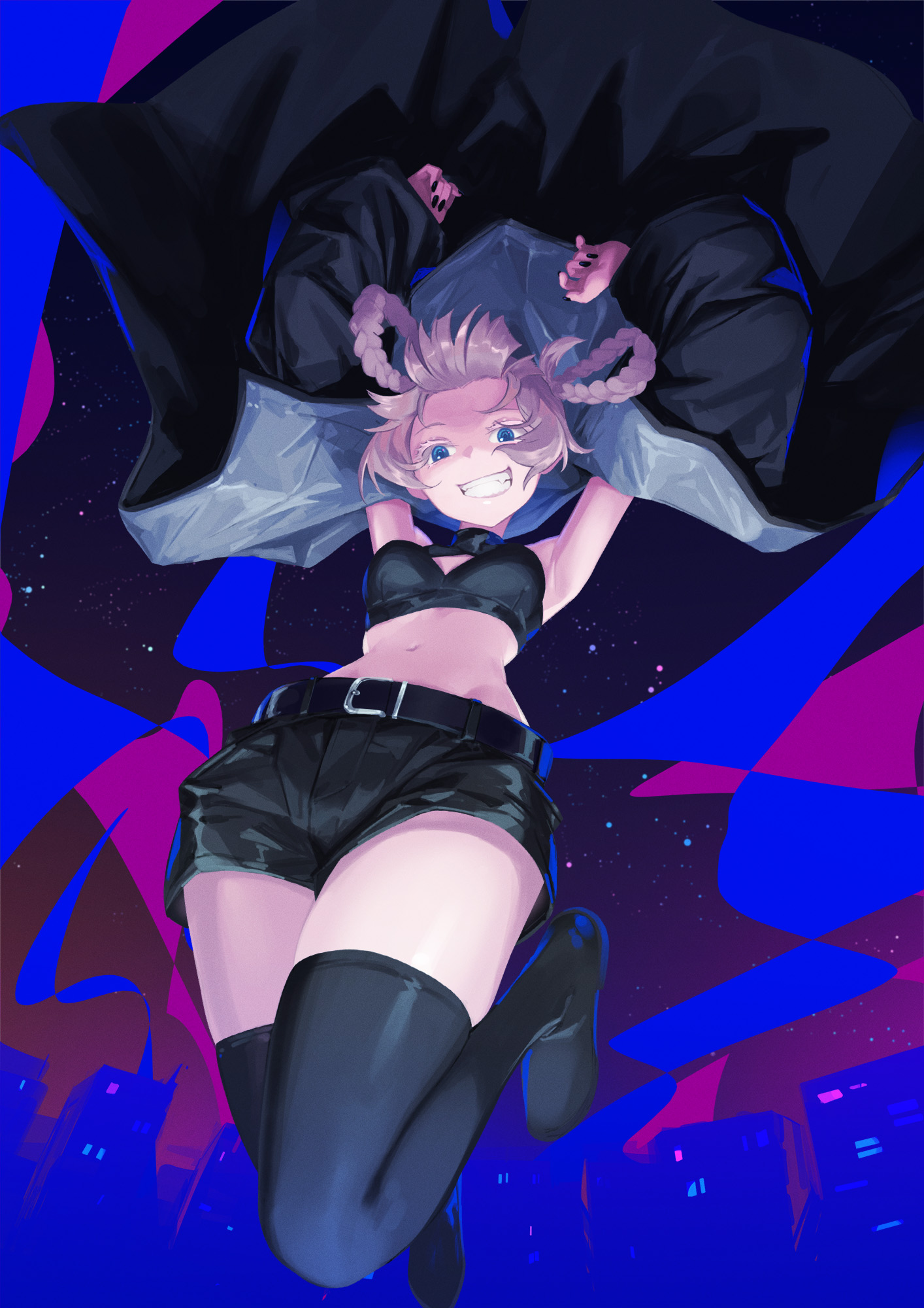 hiko (hiko224556), nanakusa nazuna (yofukashi no uta), yofukashi no uta, commentary request, highres, partial commentary, 1girl, arms up, belt, black belt, black boots, black coat, black shorts, blue background, blue eyes, boots, braid, braided hair rings, breasts, coat, crop top, floating clothes, floating hair, from below, full body, grin, hair rings, looking at viewer, midriff, navel, open clothes, open coat, pink hair, short shorts, shorts, small breasts, smile, solo, thigh boots