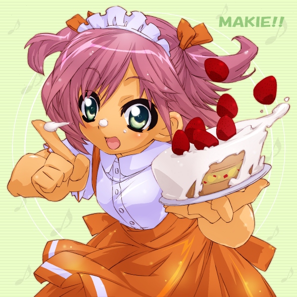 haruka shiya, sasaki makie, anna miller, mahou sensei negima!, 00s, 1girl, bow, cake, character name, cream, dress, female focus, food, food on face, fruit, green background, green eyes, hair bow, hairband, orange dress, orange skirt, pastry, pink hair, plate, skirt, solo, strawberry, strawberry shortcake, waitress