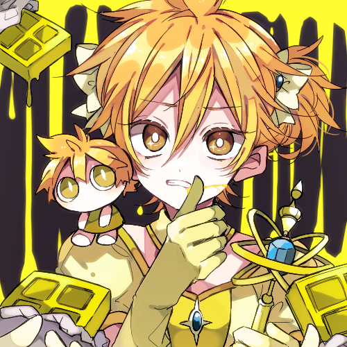 kaho 0102, aimaina, kagamine len, mahou shoujo to chokorewito (vocaloid), vocaloid, commentary request, lowres, 1boy, black background, blonde hair, bow, bright pupils, candy, chocolate, chocolate bar, clenched teeth, double-parted bangs, food, gloves, hair between eyes, hair bow, hand up, holding, holding chocolate, holding food, looking at viewer, male focus, shirt, short hair, short sleeves, solo focus, teeth, upper body, white pupils, yellow blood, yellow bow, yellow eyes, yellow gloves, yellow shirt