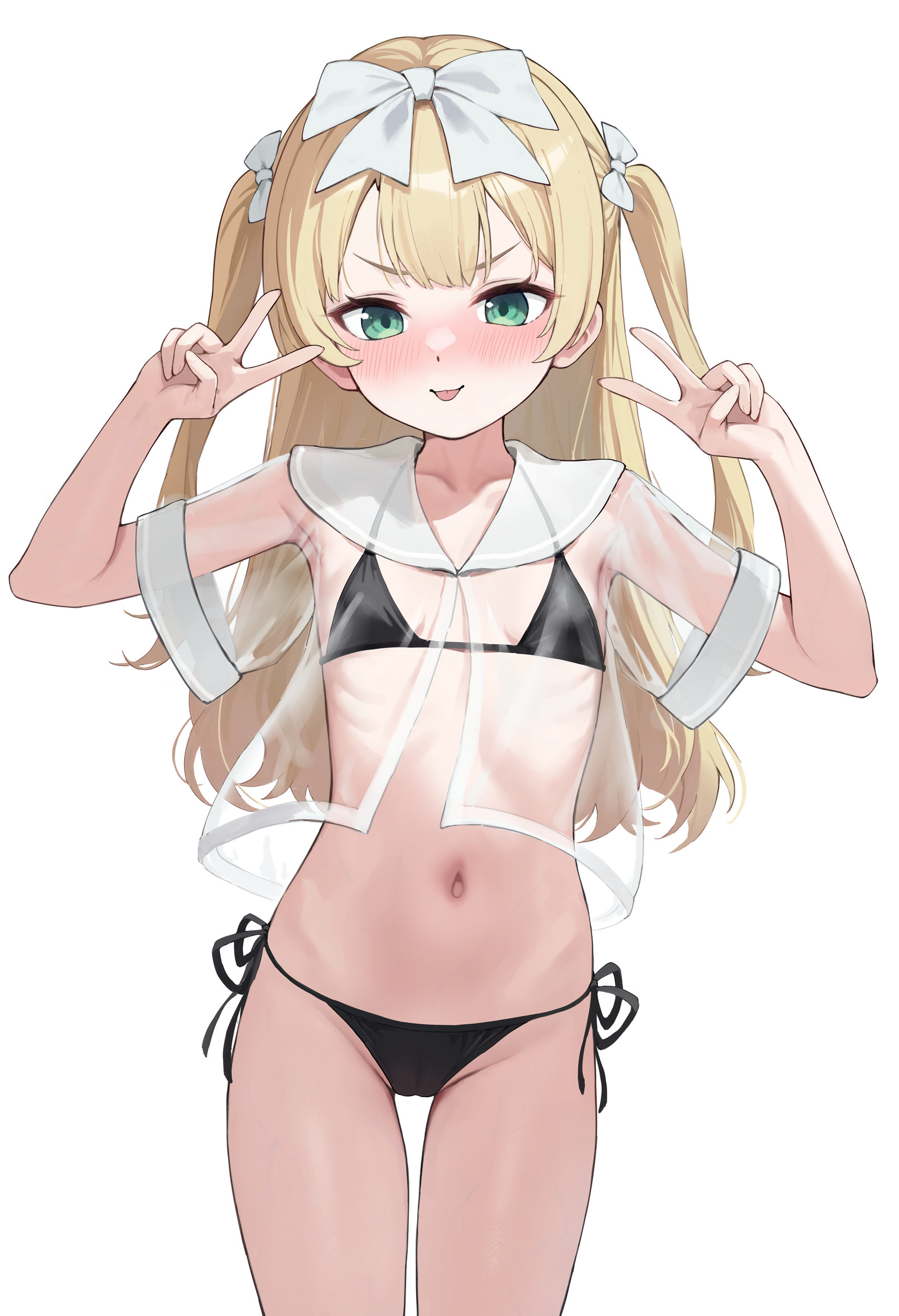 hagi (ame hagi), original, absurdres, commentary request, highres, paid reward available, 1girl, bikini, black bikini, blonde hair, blush, bow, double v, green eyes, hair bow, long hair, looking at viewer, navel, see-through clothes, side-tie bikini bottom, simple background, solo, swimsuit, two side up, v, white background