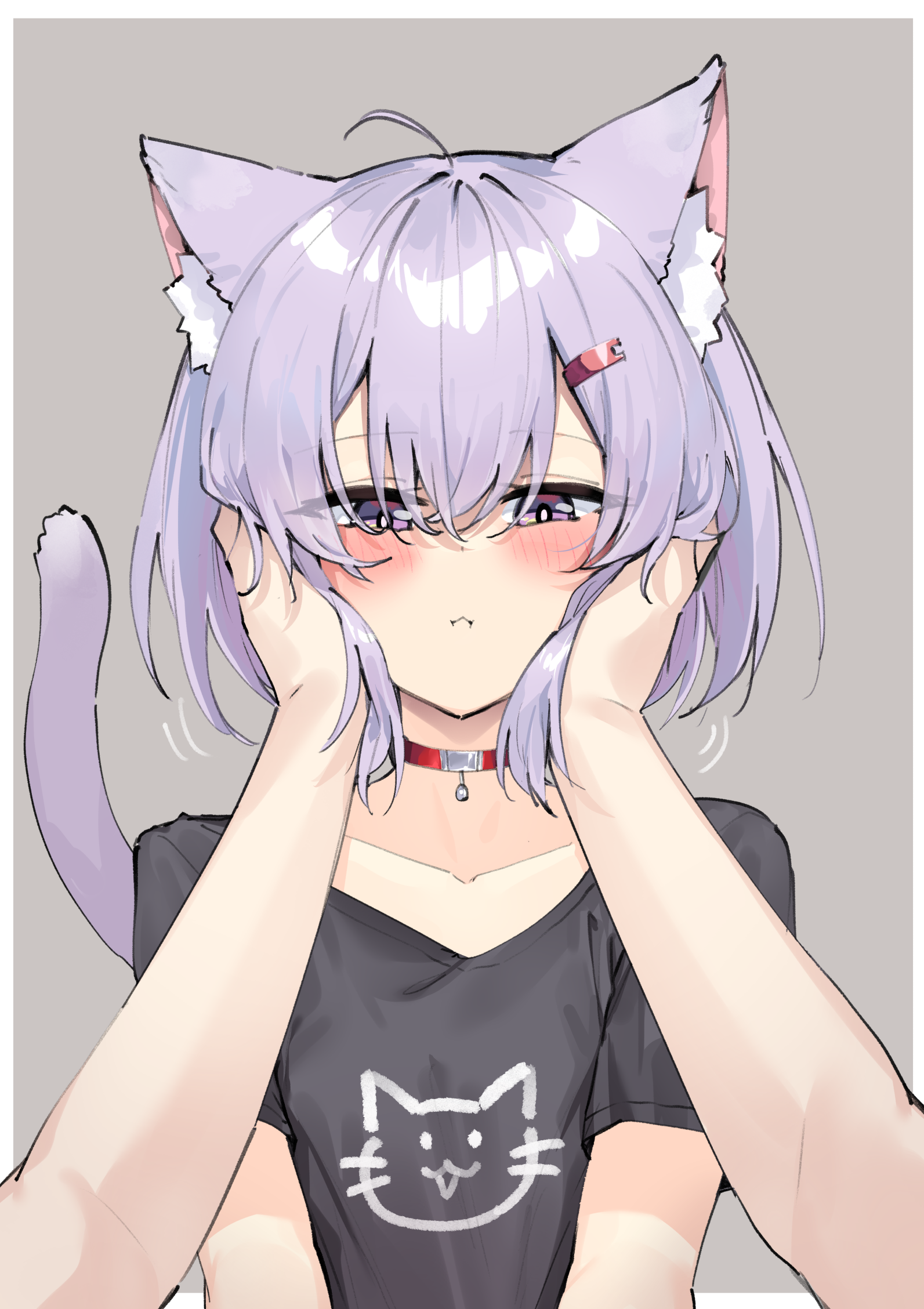 zooanime, yuzuki yukari, yuzuki yukari (shizuku), a.i. voice, highres, 1girl, animal ears, animal print, black shirt, border, cat ears, cat girl, cat print, cat tail, cheek squash, choker, closed mouth, grey background, hands on another's cheeks, hands on another's face, looking at viewer, pov, pov hands, purple eyes, purple hair, red choker, shirt, short hair, short sleeves, simple background, tail, white border