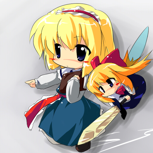 oka (bananashoe), alice margatroid, shanghai doll, touhou, 2girls, chibi, female focus, grey background, multiple girls, solo, standing, sword, weapon