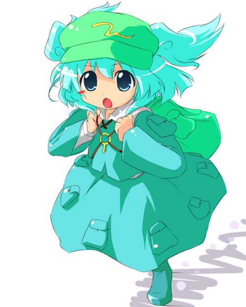 oka (bananashoe), kawashiro nitori, touhou, 1girl, :o, aqua hair, backpack, bag, blue dress, blue eyes, blue theme, blush, collar, dress, female focus, key, long sleeves, looking at viewer, open mouth, pocket, simple background, solo, two side up, white background