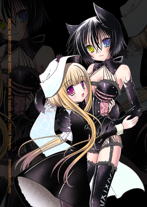 alto seneka, kia (53y), rusty soul, ati, ati (sekien no inganock), kia (sekien no inganock), liarsoft, sekien no inganock, steampunk (liarsoft), 2girls, animal ears, cat ears, cat tail, elbow gloves, garter belt, gloves, heterochromia, lingerie, multiple girls, tail, thighhighs, underwear