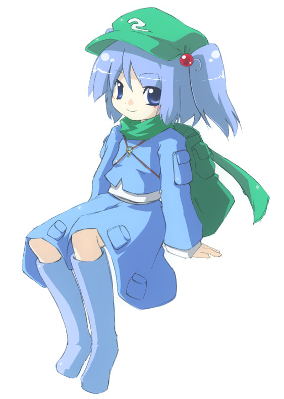 oka (bananashoe), kawashiro nitori, touhou, 1girl, backpack, bag, blue boots, blue eyes, blue hair, boots, female focus, full body, green scarf, hair bobbles, hair ornament, knee boots, looking at viewer, matching hair/eyes, scarf, simple background, sitting, smile, solo, two side up, white background