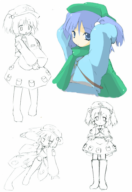 oka (bananashoe), kawashiro nitori, touhou, 1girl, female focus, monochrome, scarf, sketch, two side up