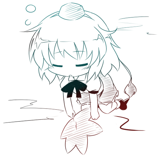 oka (bananashoe), shameimaru aya, touhou, 1girl, chibi, closed eyes, female focus, geta, greyscale, hat, monochrome, sleepy, solo, tengu-geta