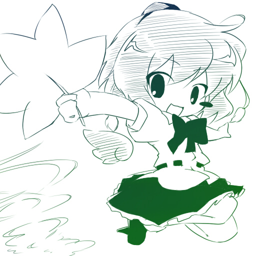 oka (bananashoe), shameimaru aya, touhou, 1girl, chibi, female focus, geta, green theme, hat, looking at viewer, monochrome, open mouth, smile, solo, tengu-geta