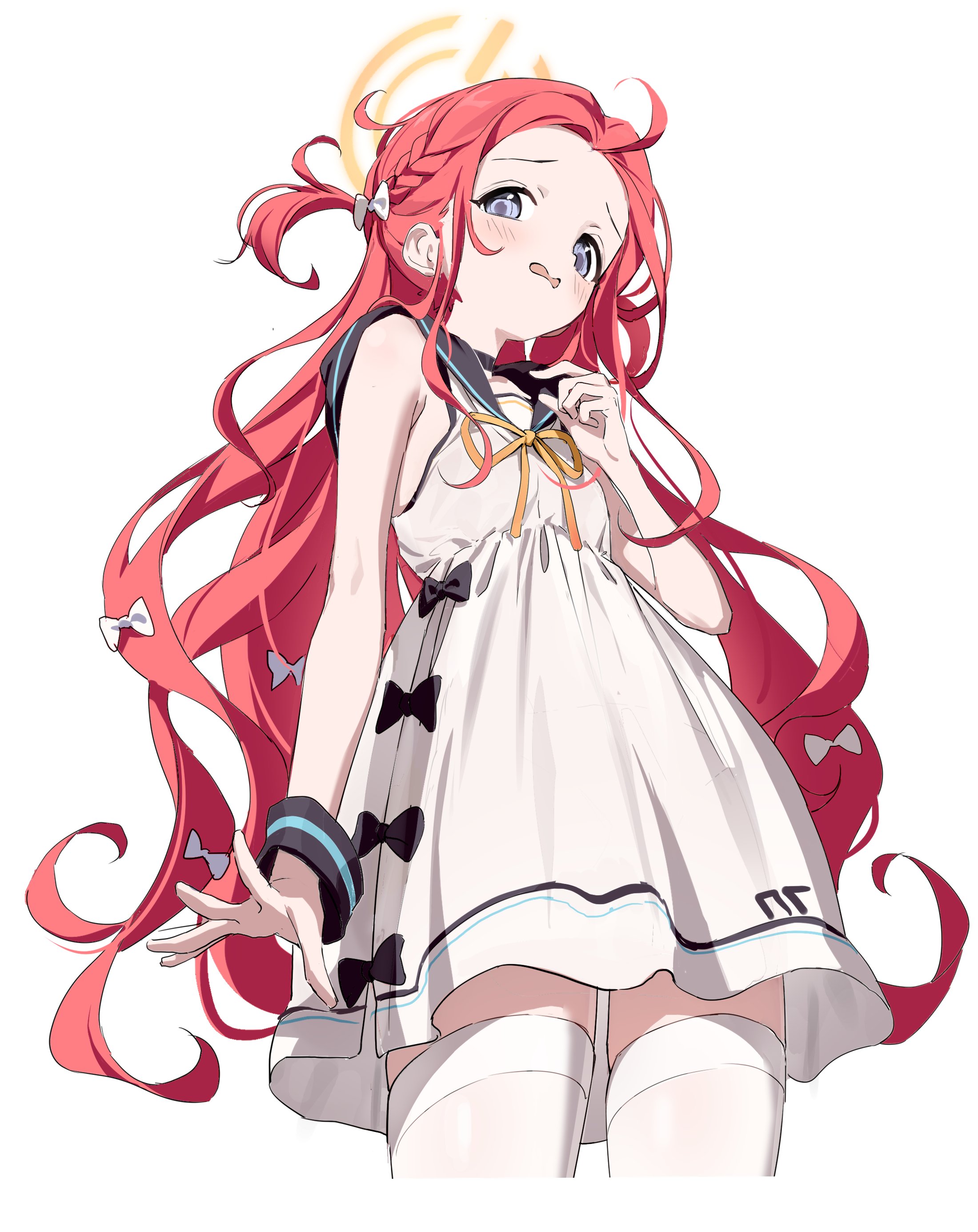 2t (vmyz7342), yuzu (blue archive), blue archive, absurdres, highres, 1girl, arm at side, bare arms, black bow, black choker, black sailor collar, blush, bow, bow skirt, braid, choker, dress, forehead, from below, hair bow, halo, hand up, loli, long hair, looking at viewer, looking down, multiple hair bows, open mouth, ponytail, purple eyes, red hair, ribbon, sailor collar, short ponytail, side braid, side ponytail, simple background, skirt, solo, standing, thighhighs, thighs, very long hair, white background, white bow, white dress, white thighhighs, wrist cuffs, yellow halo, yellow ribbon, zettai ryouiki