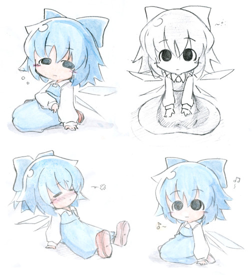 oka (bananashoe), cirno, embodiment of scarlet devil, touhou, colored pencil (medium), traditional media, 1girl, :3, blue hair, blush, bow, chibi, female focus, monochrome, musical note, short hair, sketch, sleepy, wings