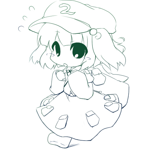 oka (bananashoe), kawashiro nitori, touhou, 1girl, :o, blush stickers, chibi, female focus, greyscale, hair bobbles, hair ornament, monochrome, solo, two side up, walking