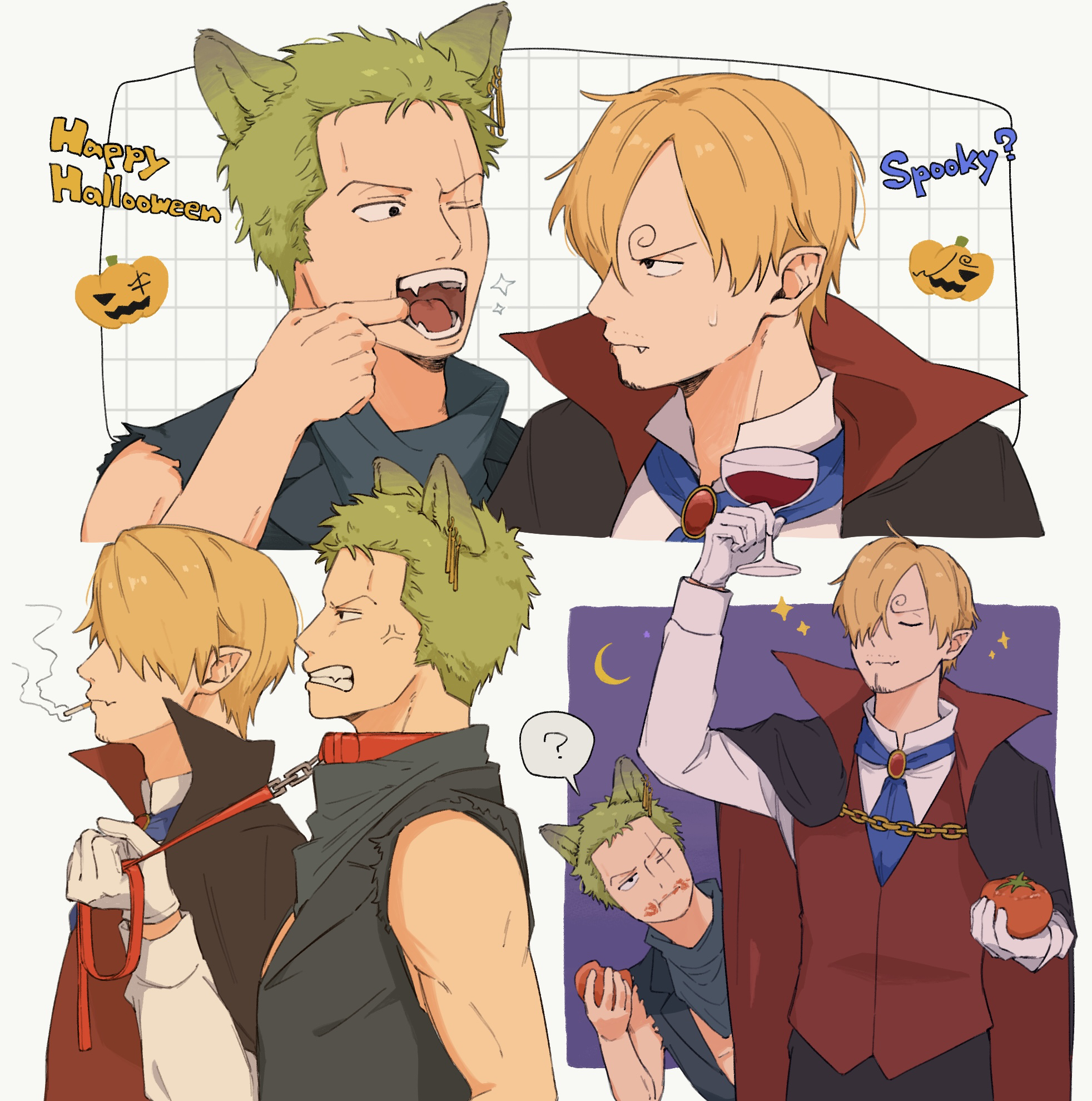 iqracha, roronoa zoro, sanji (one piece), one piece, highres, 2boys, anger vein, animal ears, ascot, black cape, blue ascot, cape, cheek pull, cigarette, curly eyebrows, fang, green hair, happy birthday, high collar, juice, male focus, monsterification, multiple boys, multiple views, pointy ears, pumpkin, red vest, short hair, smoking, tomato, tomato juice, vampire, vest, wolf ears, yaoi