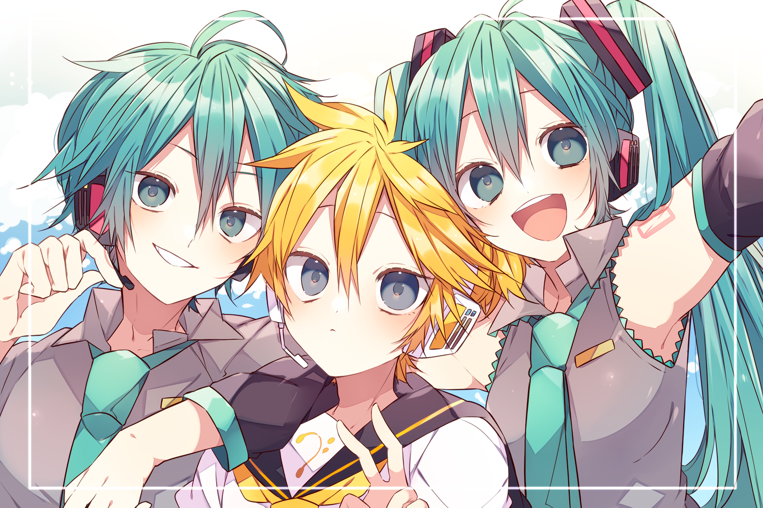 kaho 0102, hatsune miku, hatsune mikuo, kagamine len, vocaloid, commentary request, 1girl, 2boys, :d, bare shoulders, bass clef, black sailor collar, black sleeves, blonde hair, blue eyes, blue hair, blue necktie, blush, closed mouth, collared shirt, detached sleeves, grin, hand up, headset, inset border, long hair, looking at viewer, multiple boys, necktie, number tattoo, open mouth, outstretched arm, sailor collar, shirt, short hair, shoulder tattoo, sleeveless, sleeveless shirt, smile, tattoo, twintails, upper body, v, white shirt, yellow necktie
