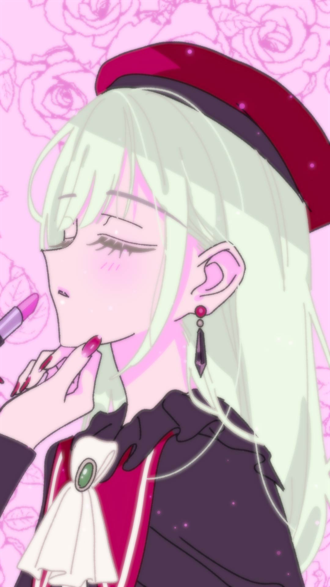 himitsu (iemaki), amoris (bang dream!), mortis (bang dream!), mortis (costume) (bang dream!), wakaba mutsumi, yuutenji nyamu, bang dream!, bang dream! it's mygo!!!!!, commentary request, highres, 2girls, applying lipstick, applying makeup, ascot, blush, closed eyes, earrings, green hair, hat, jewelry, long hair, multiple girls, nail polish, open mouth, red hat, red nails, upper body, white ascot