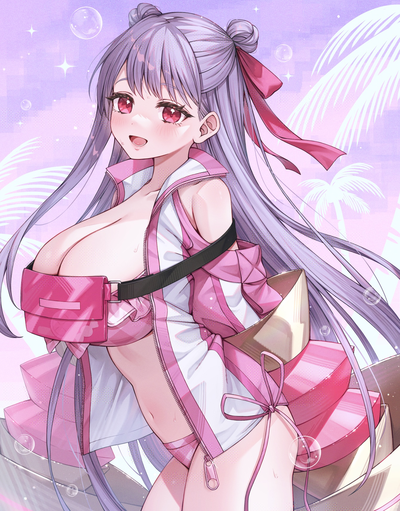 shibainu, passionlip (fate), fate/grand order, fate (series), highres, 1girl, bikini, breasts, clothing cutout, double bun, hair bun, huge breasts, jacket, long hair, navel, palm tree, passionlip (swimsuit saber) (first ascension) (fate), pink bikini, pink eyes, pink jacket, purple hair, shoulder cutout, swimsuit, tree