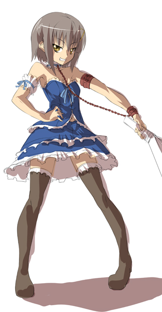 nekomamire, aizawa sakuya, hayate no gotoku!, 00s, 1girl, armband, bare shoulders, boots, choker, dress, female focus, grin, hand fan, hand on own hip, harisen, hip focus, smile, solo, thigh boots, thighhighs, yellow eyes, zettai ryouiki