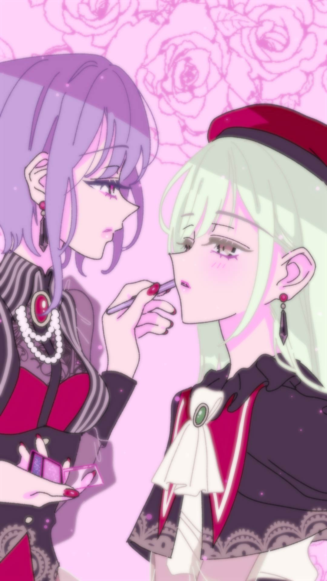 himitsu (iemaki), amoris (bang dream!), mortis (bang dream!), mortis (costume) (bang dream!), wakaba mutsumi, yuutenji nyamu, bang dream!, bang dream! it's mygo!!!!!, commentary request, highres, 2girls, applying another's makeup, applying makeup, ascot, beret, black capelet, capelet, closed mouth, green brooch, green hair, hat, long hair, multiple girls, nail polish, open mouth, pink background, pink eyes, purple hair, red brooch, red hat, red nails, short hair, sidelocks, white ascot