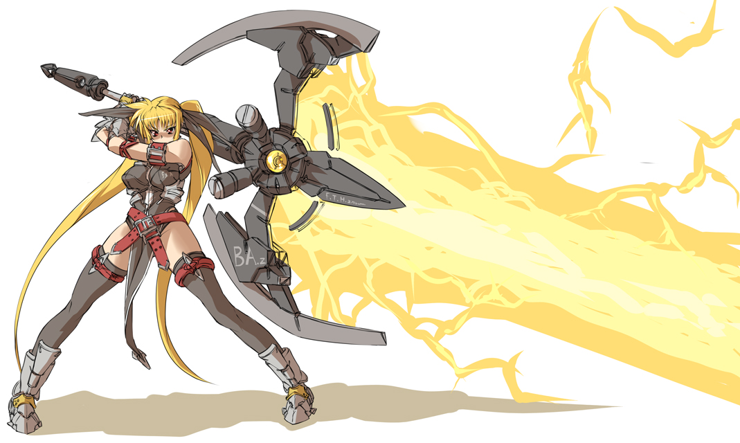 nekomamire, bardiche (nanoha), bardiche (zanber form) (nanoha), fate testarossa, fate testarossa (true sonic form), lyrical nanoha, mahou shoujo lyrical nanoha, mahou shoujo lyrical nanoha a's, mahou shoujo lyrical nanoha strikers, 00s, 1girl, adapted costume, aged up, alternate weapon, angry, armor, blonde hair, breasts, energy sword, female focus, gauntlets, huge weapon, large breasts, long hair, red eyes, solo, sword, thighhighs, twintails, very long hair, weapon