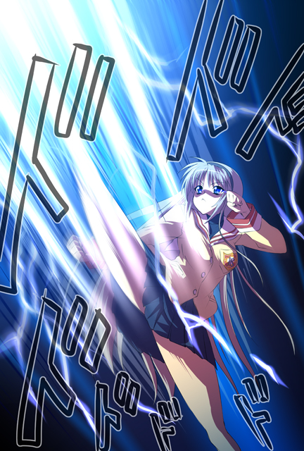 nekomamire, sakagami tomoyo, clannad, 00s, 1girl, :<, arm up, electricity, female focus, kicking, leg up, legs, long legs, miniskirt, pleated skirt, school uniform, skirt, solo, thighs