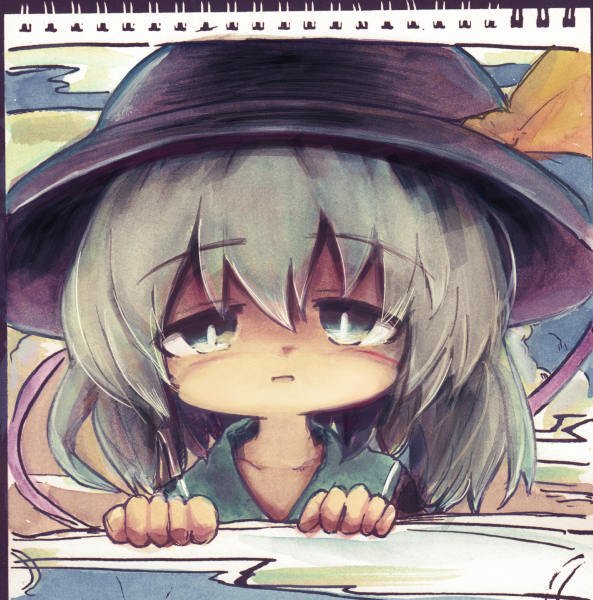 kouba, komeiji koishi, touhou, traditional media, 1girl, black hat, green eyes, green hair, hat, hat ribbon, long hair, looking at viewer, parted lips, ribbon, solo, upper body, yellow ribbon