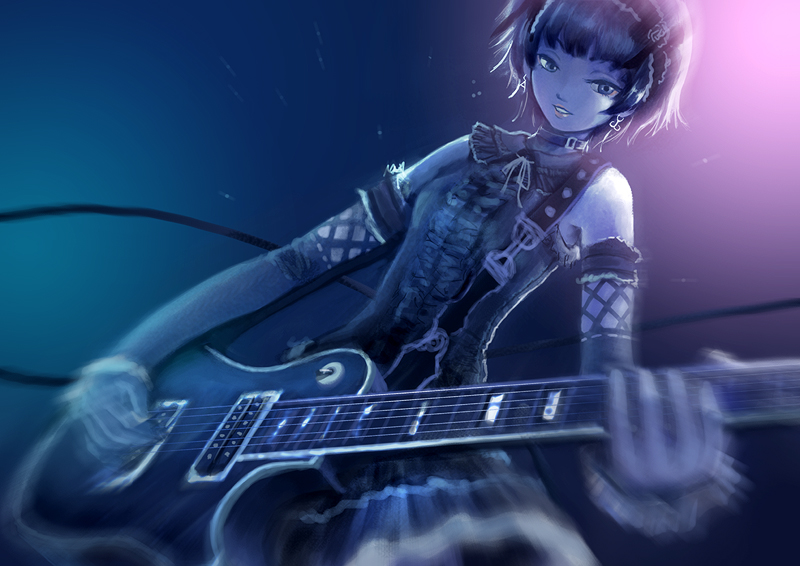 5-dimensional skaters, original, bad id, bad pixiv id, 1girl, electric guitar, female focus, goth fashion, guitar, instrument, music, playing instrument, solo