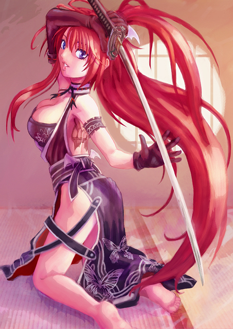 5-dimensional skaters, ignis (jingai makyou), jingai makyou, artist request, bad id, bad pixiv id, 1girl, barefoot, breasts, female focus, gloves, indoors, long hair, purple eyes, red hair, solo, sword, very long hair, weapon