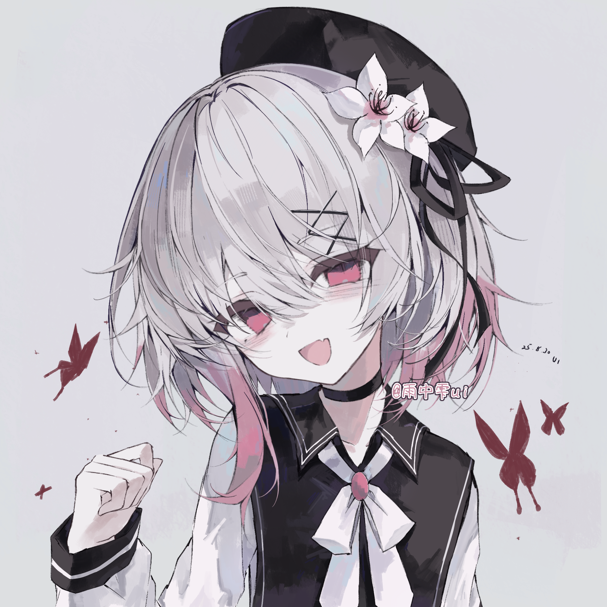 sakuraba ema, mahou shoujo no majo saiban, chinese commentary, commentary request, highres, 1girl, beret, black hat, black ribbon, bug, butterfly, empty eyes, fang, flower, gradient hair, grey background, grey hair, hair flower, hair ornament, hair ribbon, hat, insect, long sleeves, looking at viewer, magical girl, multicolored hair, neck ribbon, open mouth, pink eyes, pink hair, red butterfly, ribbon, short hair, simple background, smile, solo, upper body, white flower, white ribbon, x hair ornament, you de cong yu