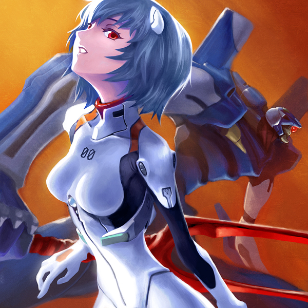 5-dimensional skaters, ayanami rei, eva 00, neon genesis evangelion, bad id, bad pixiv id, 1girl, bident, blue hair, bodysuit, female focus, interface headset (evangelion), lance of longinus (evangelion), mecha pilot suit, pale skin, plugsuit (evangelion), polearm, red eyes, short hair, solo, weapon