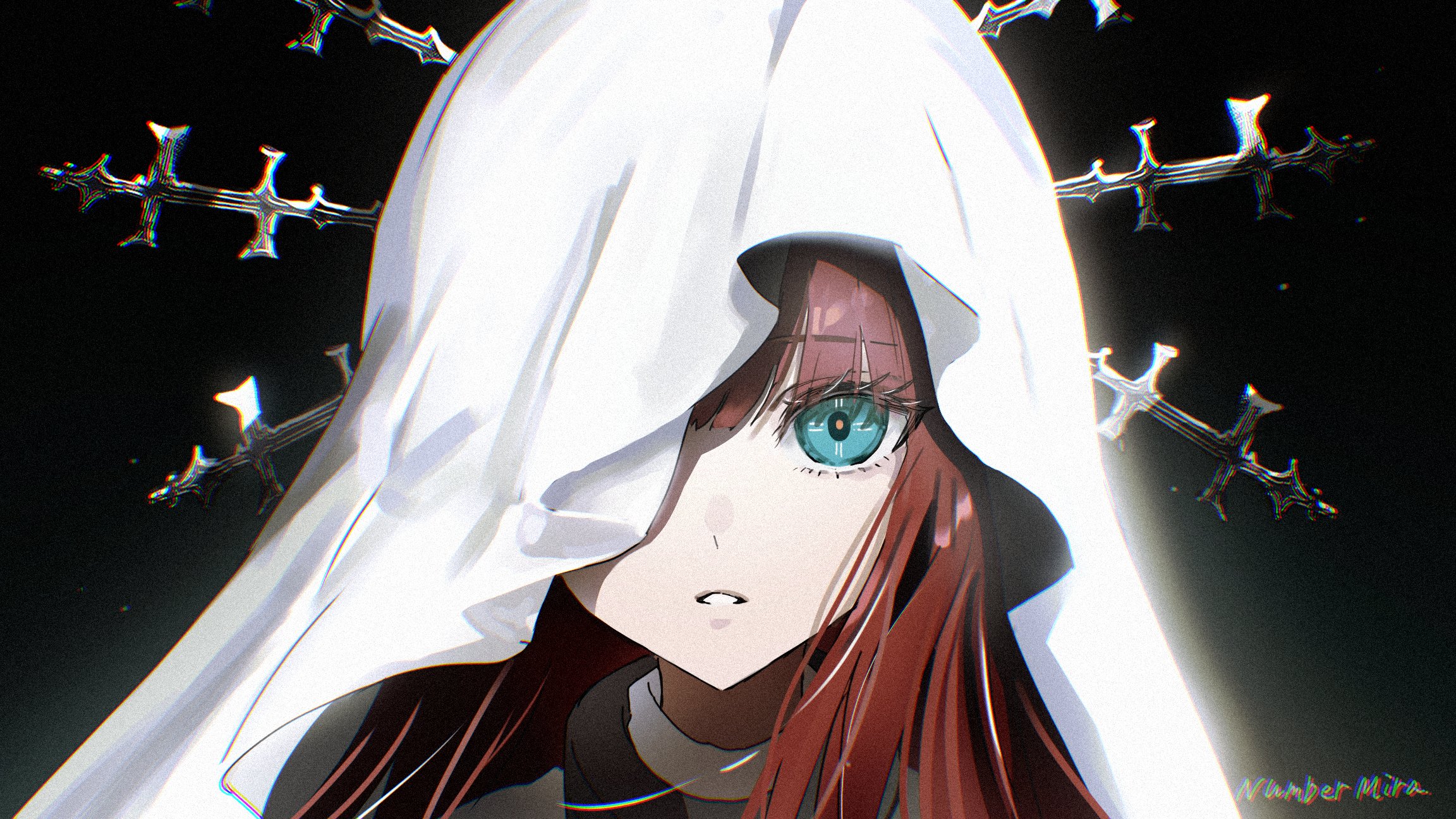 gawako, original, highres, 1girl, aqua eyes, artist name, blunt ends, collar, eyelashes, hood, hood over one eye, long hair, looking at viewer, parted lips, red hair, rene (gawako), signature, solo, symbol-shaped pupils, teeth, white collar