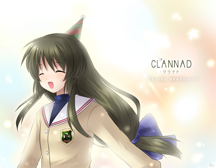 6u (eternal land), kiyu, ibuki fuuko, clannad, 00s, 1girl, :d, ^ ^, blazer, blue bow, bow, closed eyes, copyright name, emblem, female focus, green hair, hair bow, jacket, long hair, long sleeves, low-tied long hair, milestone celebration, open mouth, panties, sailor collar, school uniform, serafuku, sidelocks, smile, solo, underwear, upper body, very long hair