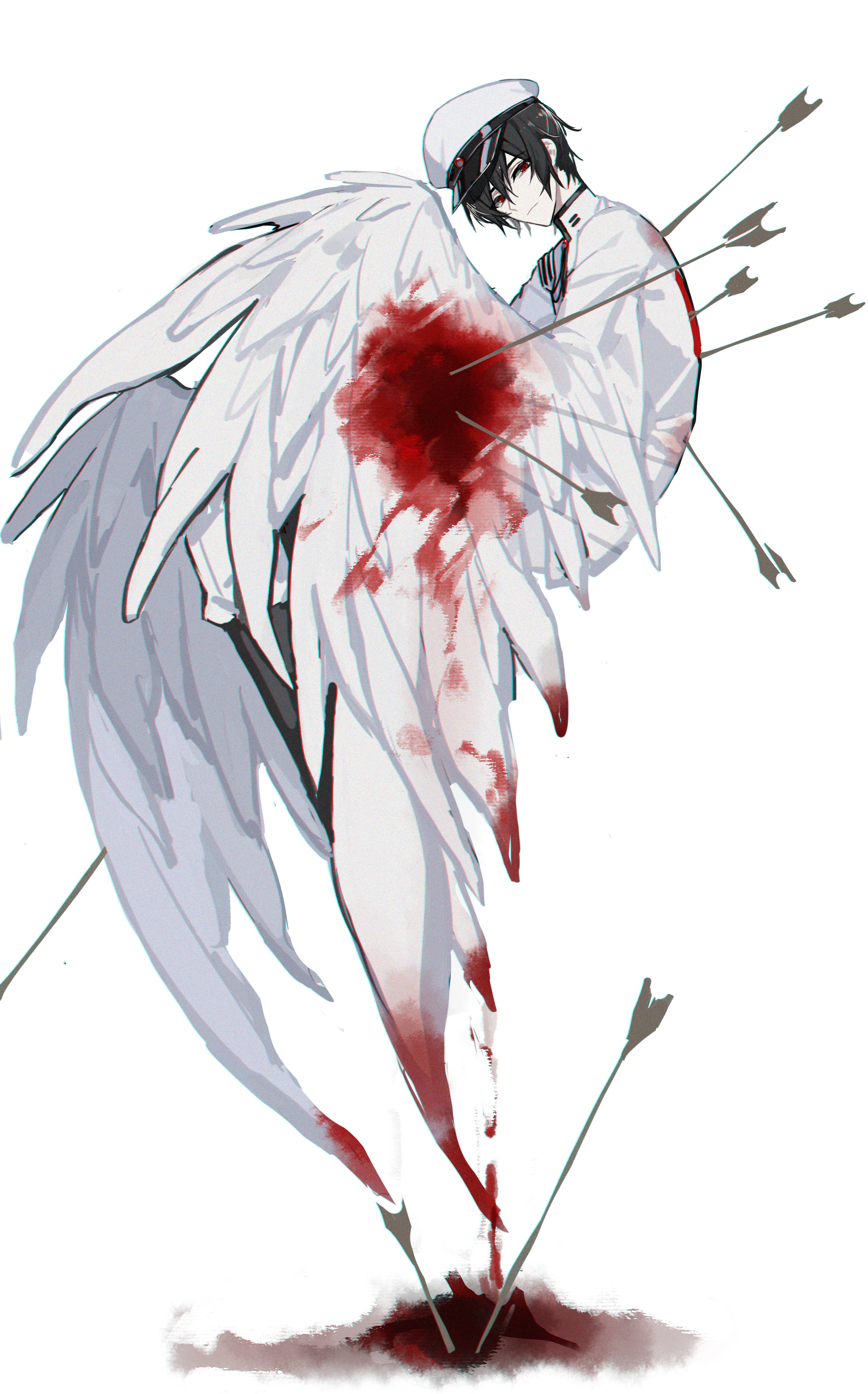 kazenemuri, kaito (rei no sakura shirayuki) (vocaloid), kaito (vocaloid), project diva (series), senbonzakura (vocaloid), vocaloid, absurdres, chinese commentary, highres, 1boy, aiguillette, alternate eye color, arrow (projectile), arrow in body, black boots, black gloves, black hair, blood, blood on clothes, bloody wings, boots, closed mouth, expressionless, feathered wings, floating, from side, full body, furisode sleeves, gloves, hair between eyes, hat, injury, jacket, knees up, looking at viewer, looking to the side, male focus, military uniform, pants, peaked cap, planted, planted arrow, red eyes, short hair, sideways glance, solo, white background, white hat, white jacket, white pants, white wings, wide sleeves, winged arms, wings