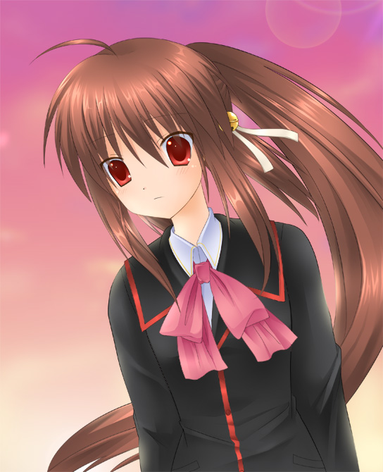 6u (eternal land), kiyu, natsume rin, little busters!, 1girl, ahoge, bell, bow, brown hair, expressionless, female focus, hair bell, hair ornament, long hair, pink bow, ponytail, red eyes, school uniform, sidelocks, solo, upper body