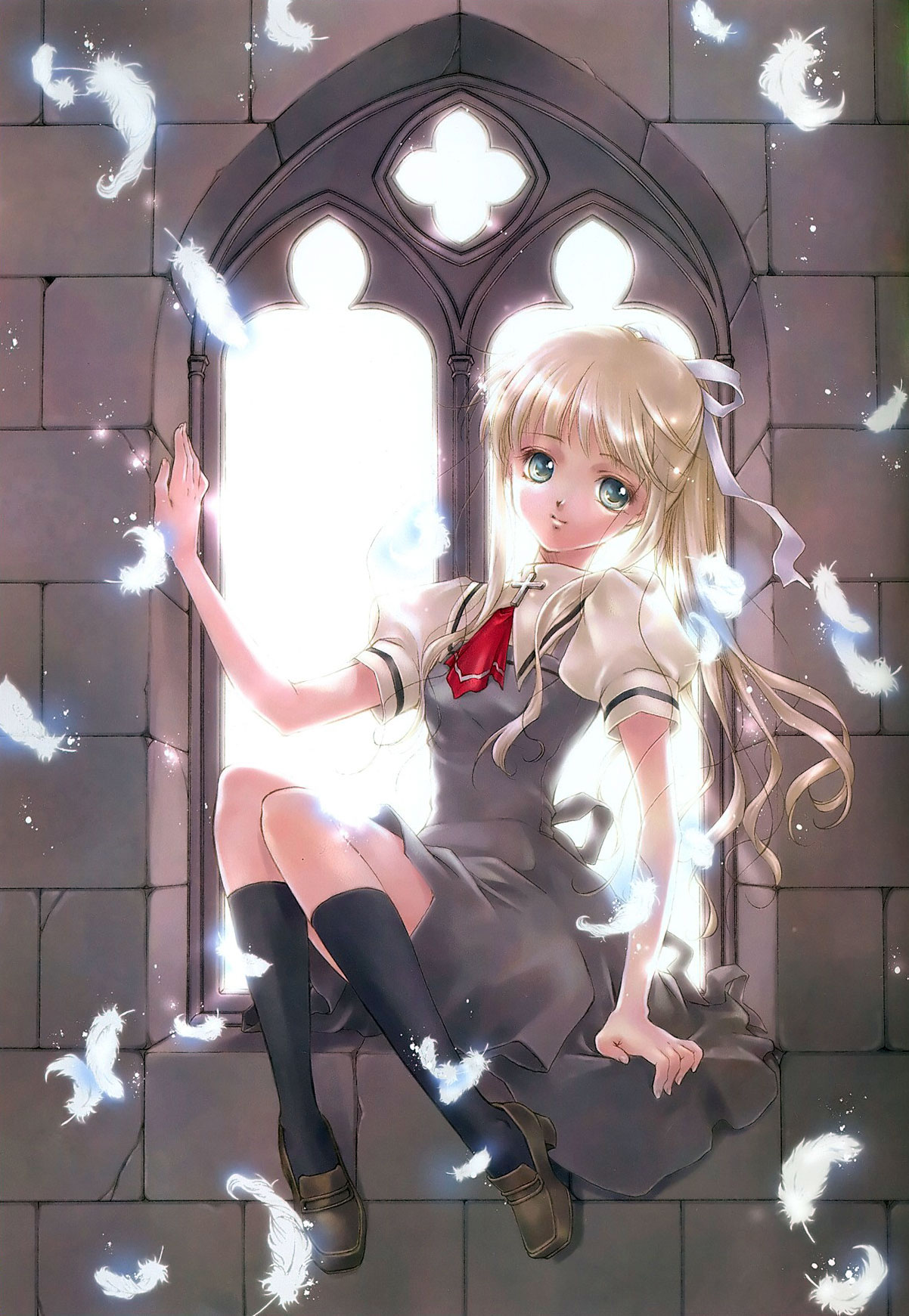 minakami kaori, kamio misuzu, air (visual novel), highres, scan, 00s, 1girl, aqua eyes, ascot, backlighting, blonde hair, blue eyes, closed mouth, cross, dress, feathers, female focus, full body, grey dress, light smile, long hair, red ascot, ribbon, school uniform, serafuku, shoes, sitting, solo, very long hair, window
