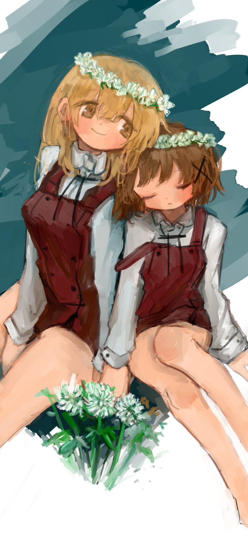 kotatsu (pchu), miyako (hidamari sketch), yuno (hidamari sketch), hidamari sketch, highres, 2girls, blonde hair, brown hair, closed eyes, flower, hair flower, hair ornament, holding hands, long hair, looking at another, multiple girls, red skirt, red vest, school uniform, shirt, short hair, sitting, skirt, sleeping, smile, vest, white shirt, x hair ornament, yamabuki high school uniform