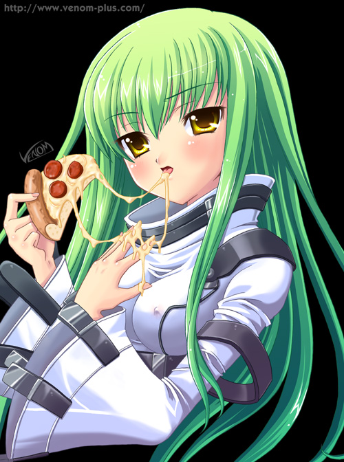 alto seneka, c.c., code geass, 00s, 1girl, breasts, cheese, cheese trail, covered erect nipples, eating, female focus, food, green hair, large breasts, long hair, pepperoni, pepperoni pizza, pizza, pizza slice, solo, yellow eyes