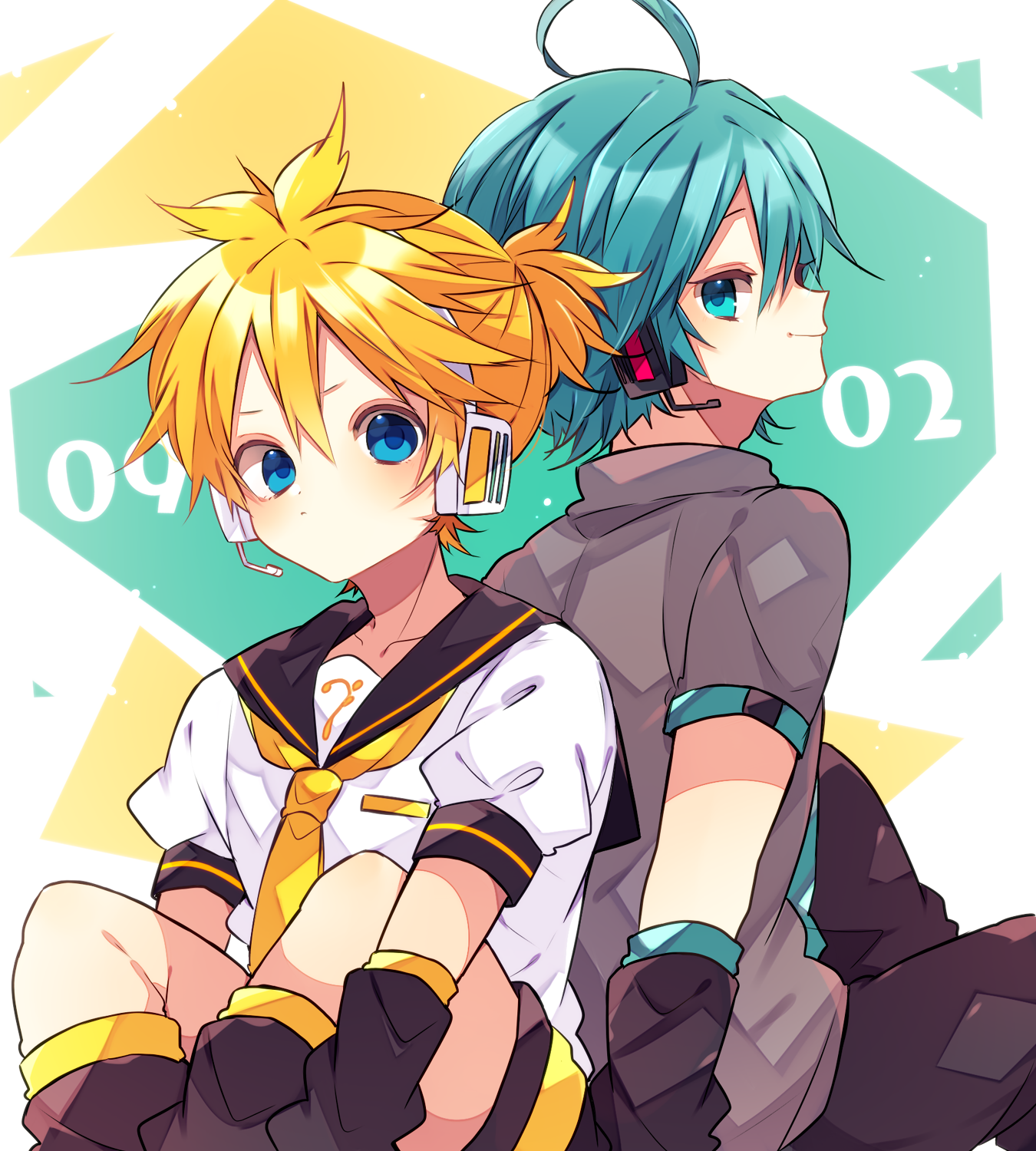 kaho 0102, hatsune mikuo, kagamine len, vocaloid, commentary request, highres, 2boys, ahoge, arm warmers, bass clef, black pants, black sailor collar, black shorts, blonde hair, blue eyes, blue hair, closed mouth, collarbone, collared shirt, double-parted bangs, grey shirt, hair between eyes, headset, leg warmers, male focus, multiple boys, necktie, pants, sailor collar, shirt, short hair, short sleeves, shorts, sitting, smile, white shirt, yellow necktie