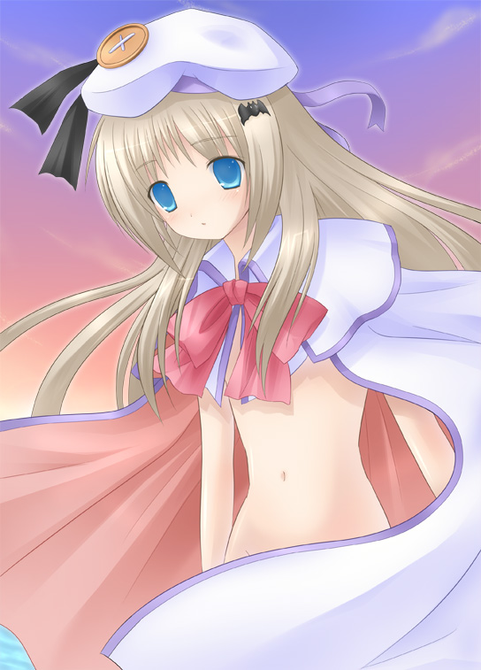 6u (eternal land), kiyu, noumi kudryavka, little busters!, silver hair, 1girl, blue eyes, bow, buttons, cape, female focus, hat, large buttons, long hair, naked cape, nude, pink bow, solo