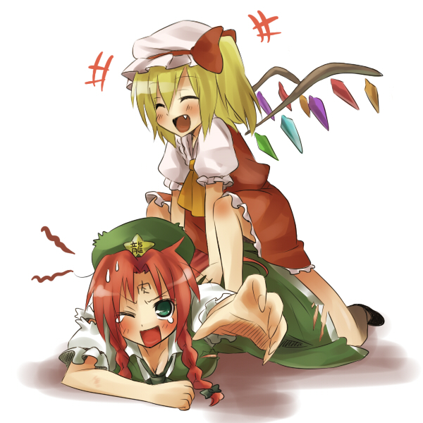 kiji (manekinuko-tei), flandre scarlet, hong meiling, embodiment of scarlet devil, touhou, 2girls, ^ ^, ascot, beret, blonde hair, bow, braid, china dress, chinese clothes, closed eyes, dress, fangs, female focus, girl on top, hat, mob cap, multiple girls, red hair, side ponytail, star (symbol), twin braids, wince, wings